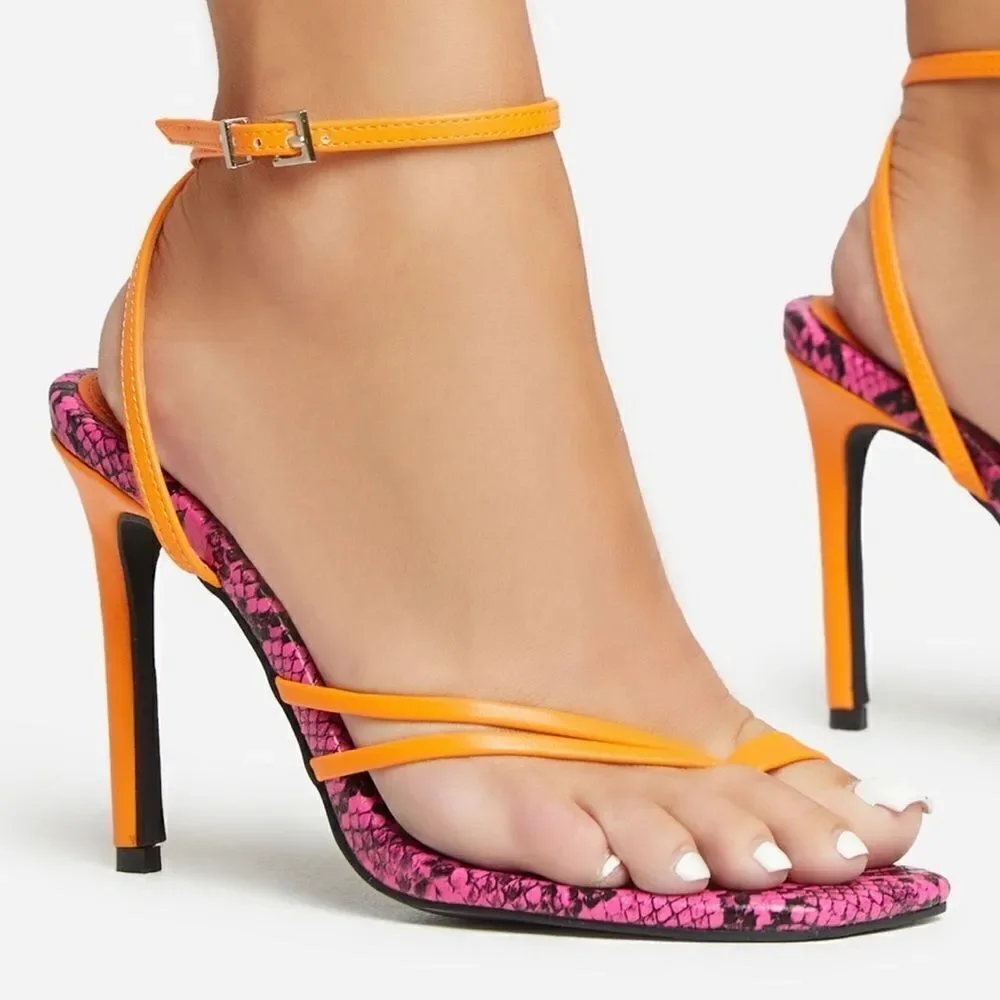 EGO VEX PINK SNAKE PRINT INSOLE STRAPPY SQUARE TOE IN ORANGE FAUX LEATHER NWOT 9